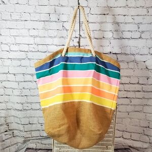 Reusable Sustainable Tote Beach Bag Jute Bottom Rope Handles XL Tropical Stripes